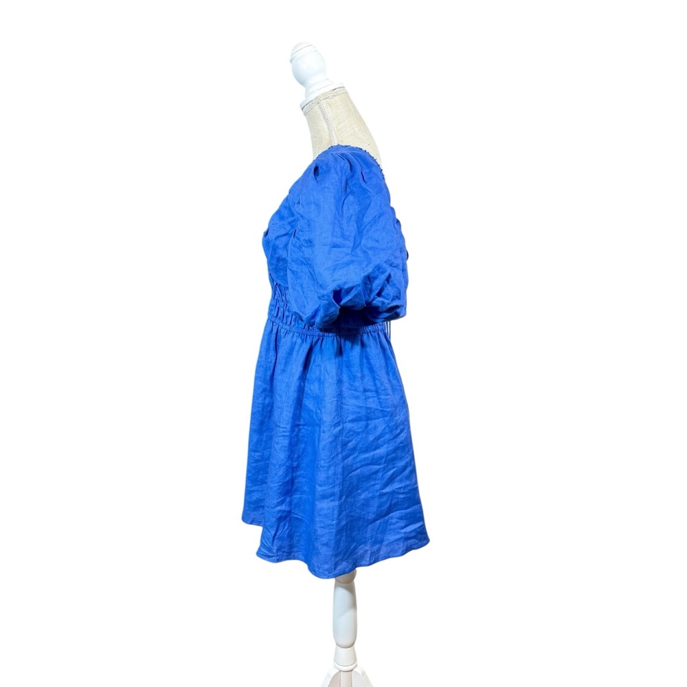 NEW Amalie the Label by Showpo Khaila LInen Lunge Puff Sleeve Mini Dress Blue 6 - Picture 4 of 15